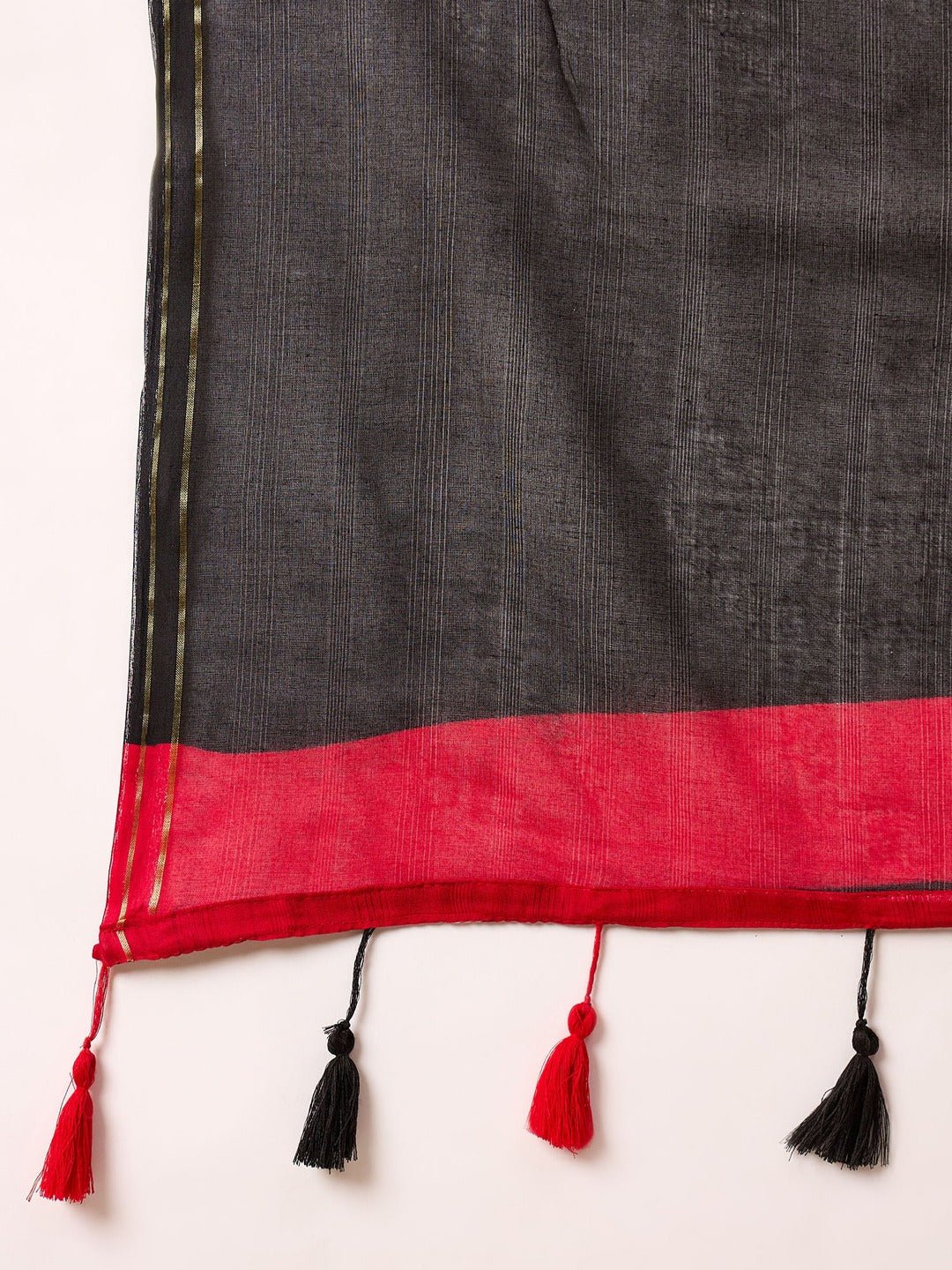 Red & Black Colour Block Cotton Saree with Gold Piping Border & Tassels - Ressa