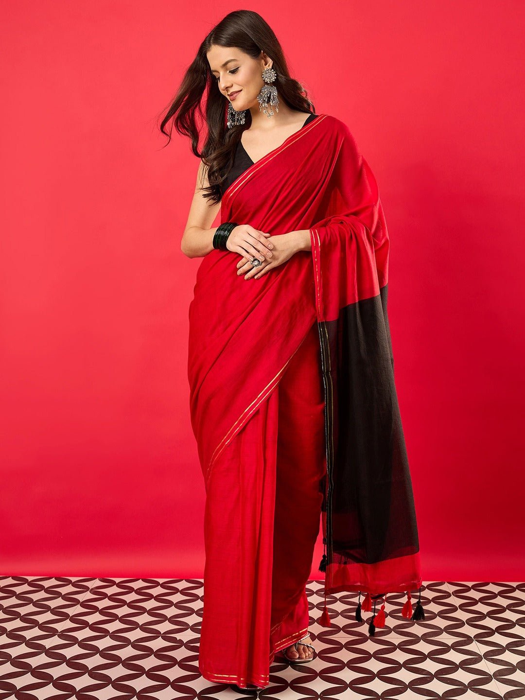 Red & Black Colour Block Cotton Saree with Gold Piping Border & Tassels - Ressa