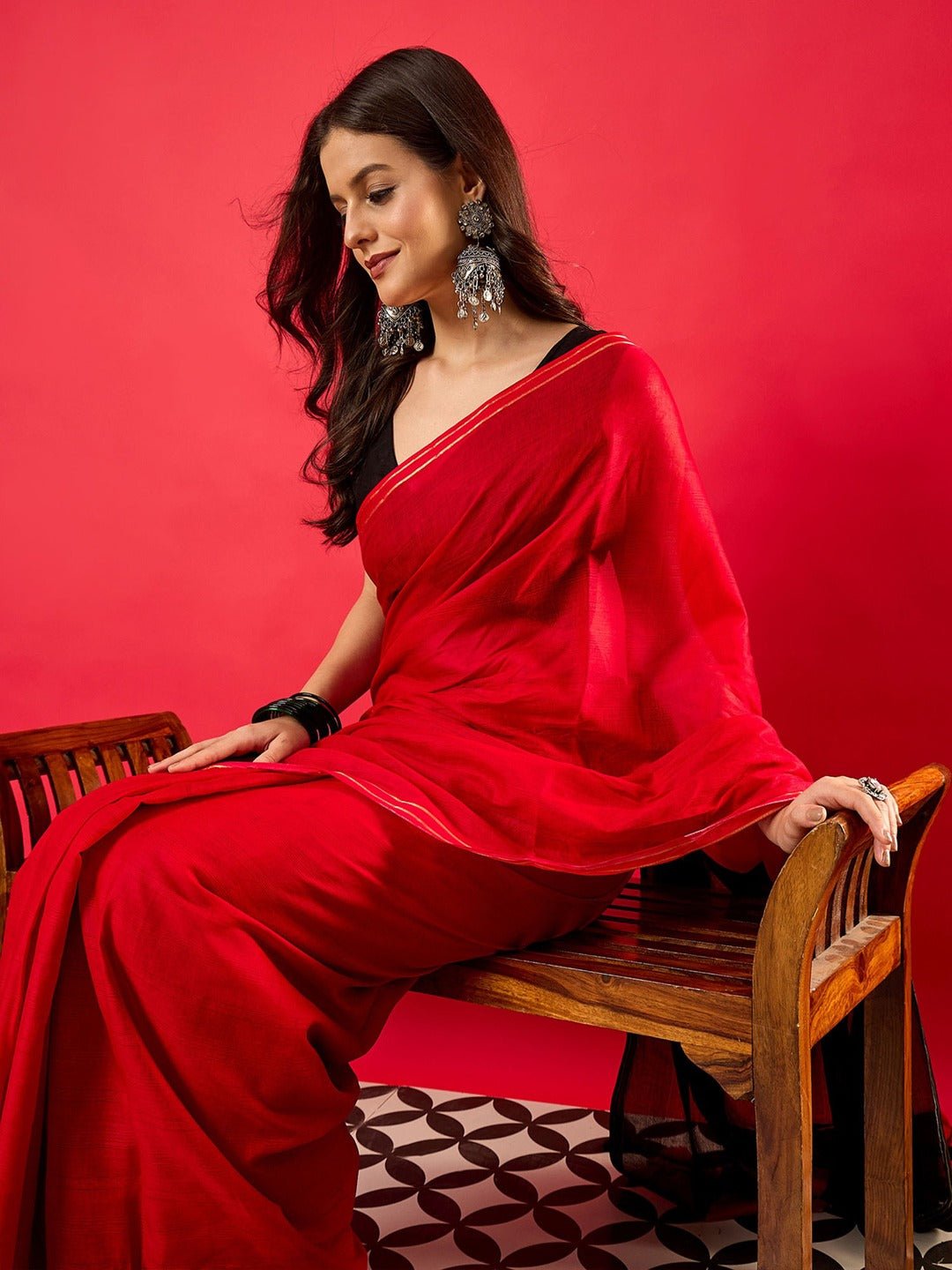 Red & Black Colour Block Cotton Saree with Gold Piping Border & Tassels - Ressa