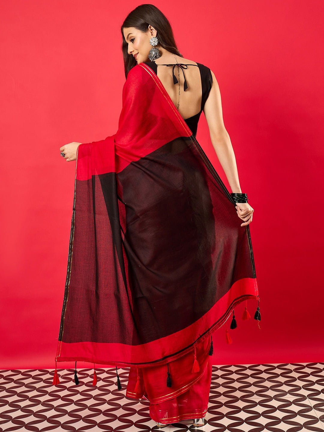 Red & Black Colour Block Cotton Saree with Gold Piping Border & Tassels - Ressa