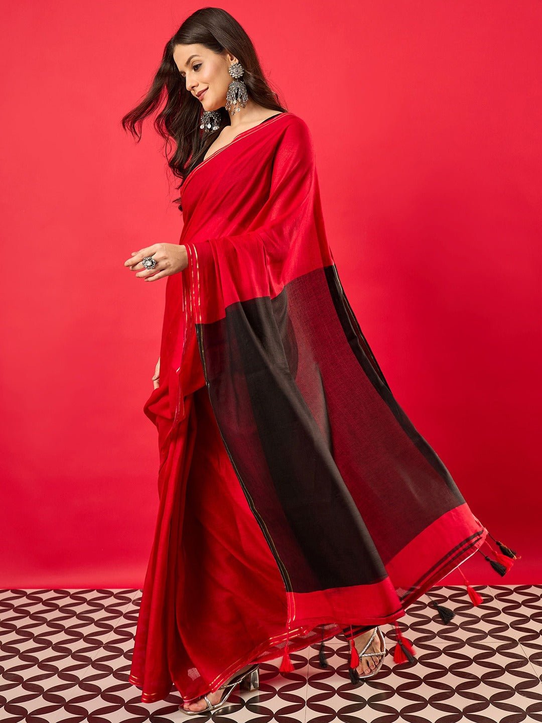 Red & Black Colour Block Cotton Saree with Gold Piping Border & Tassels - Ressa