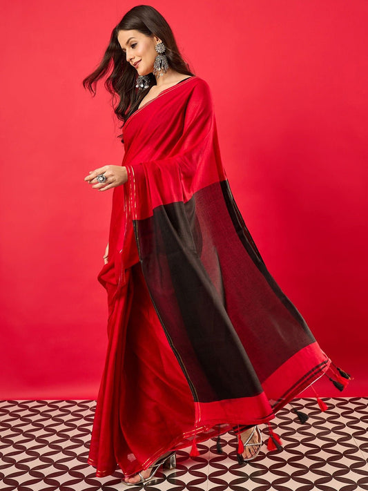 Red & Black Colour Block Cotton Saree with Gold Piping Border & Tassels - Ressa