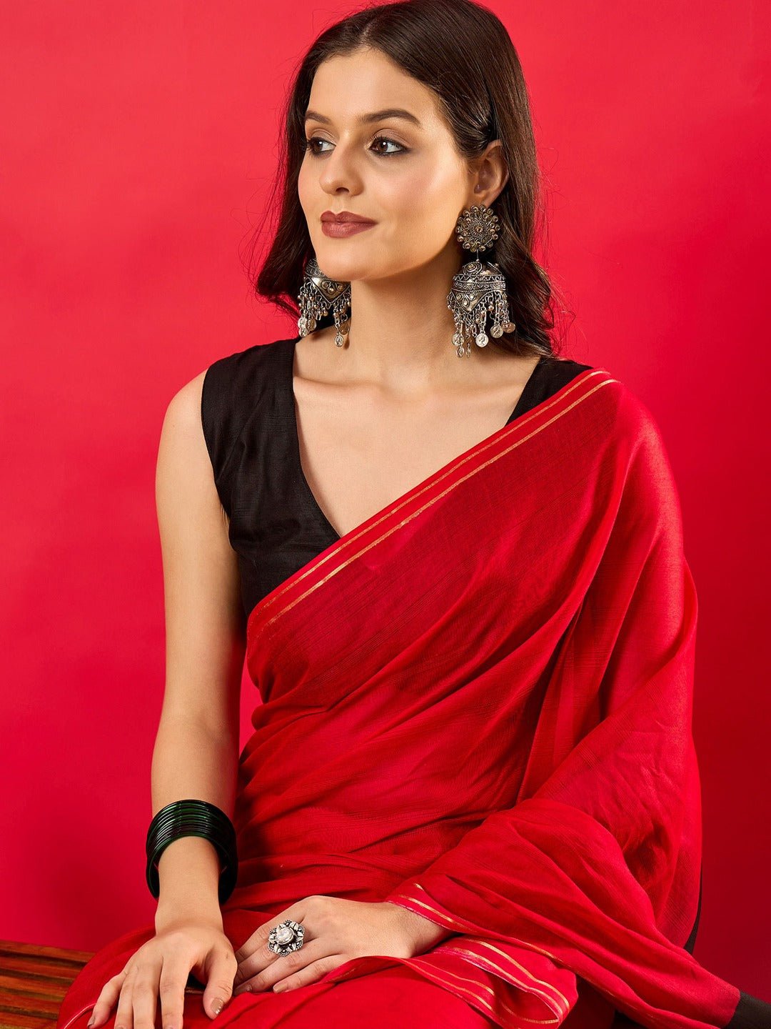 Red & Black Colour Block Cotton Saree with Gold Piping Border & Tassels - Ressa