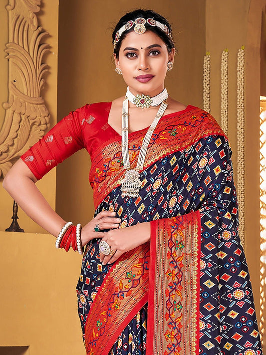Red & Blue Patola Silk Saree - Ressa