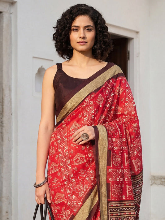 Red & Brown Bhagalpuri Warli Printed Saree - Ressa