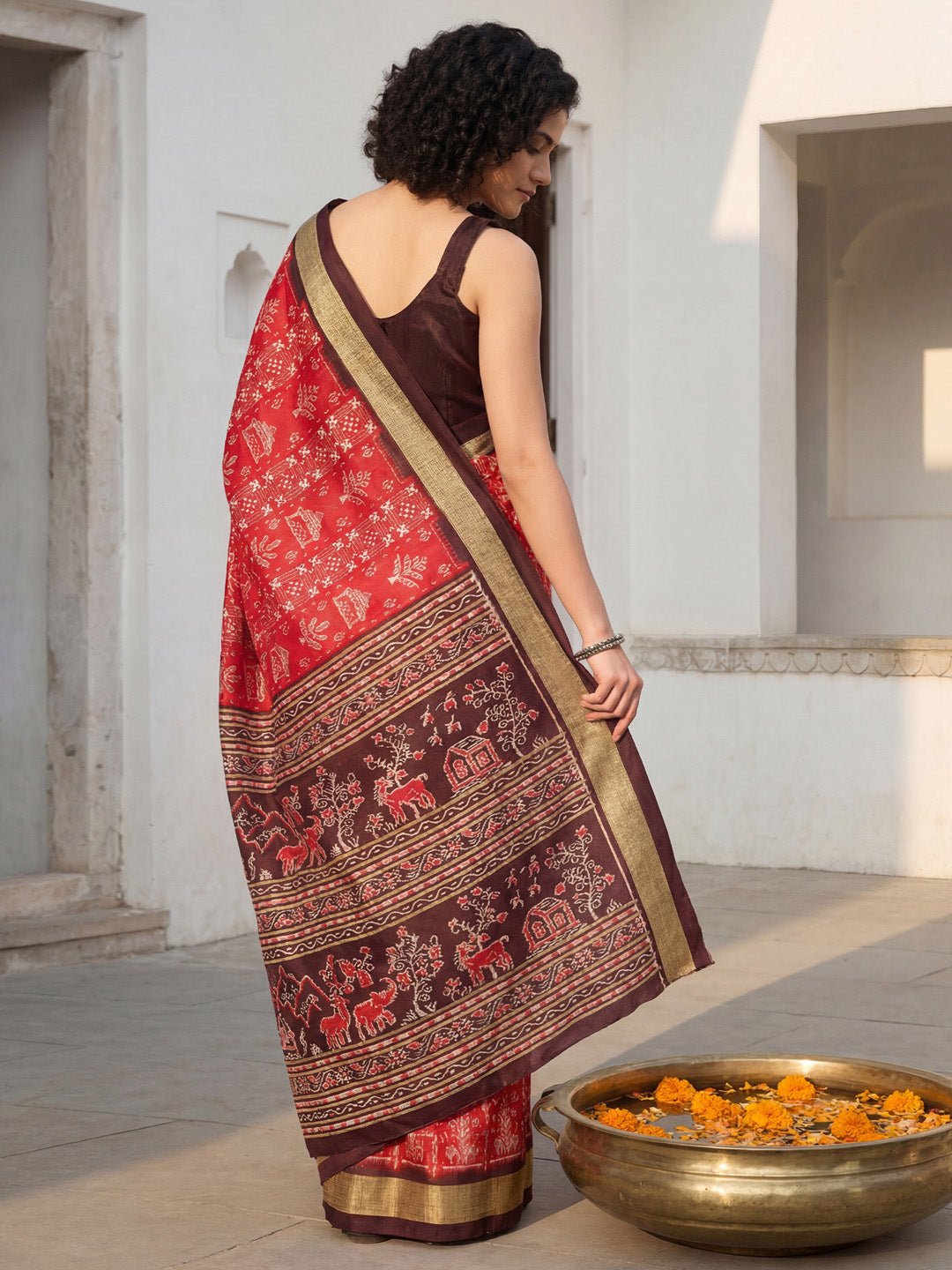 Red & Brown Bhagalpuri Warli Printed Saree - Ressa