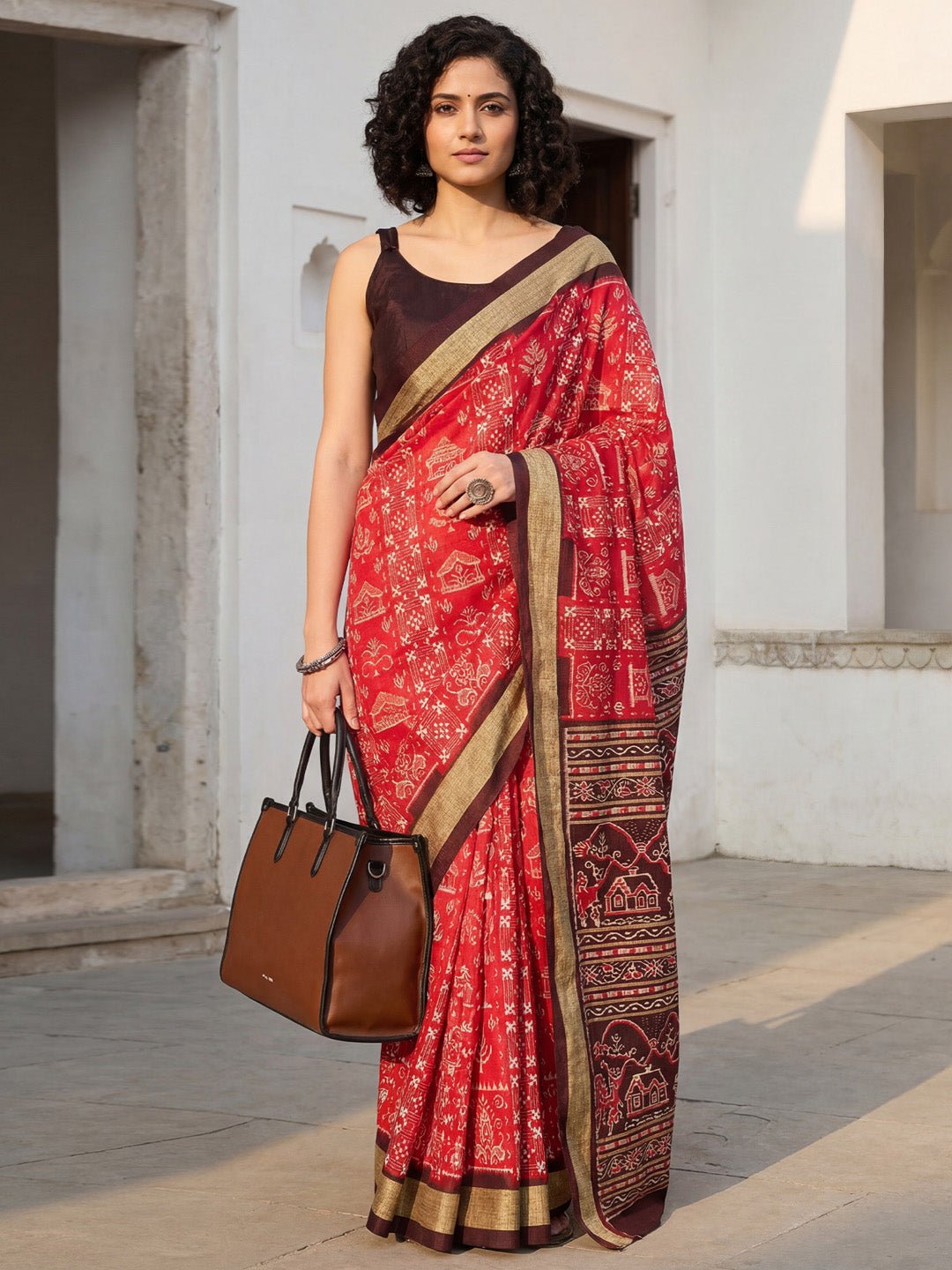 Red & Brown Bhagalpuri Warli Printed Saree - Ressa