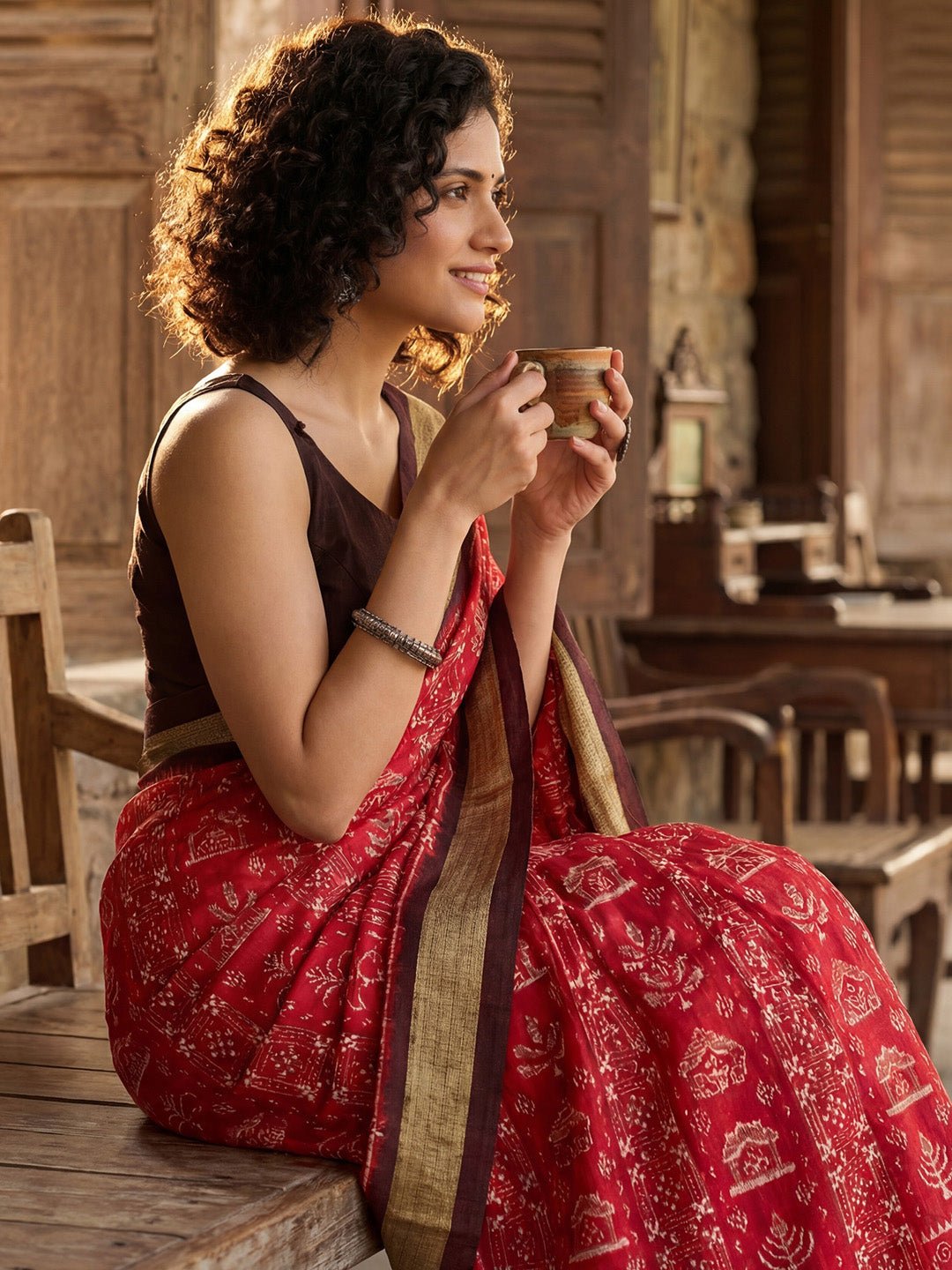 Red & Brown Bhagalpuri Warli Printed Saree - Ressa