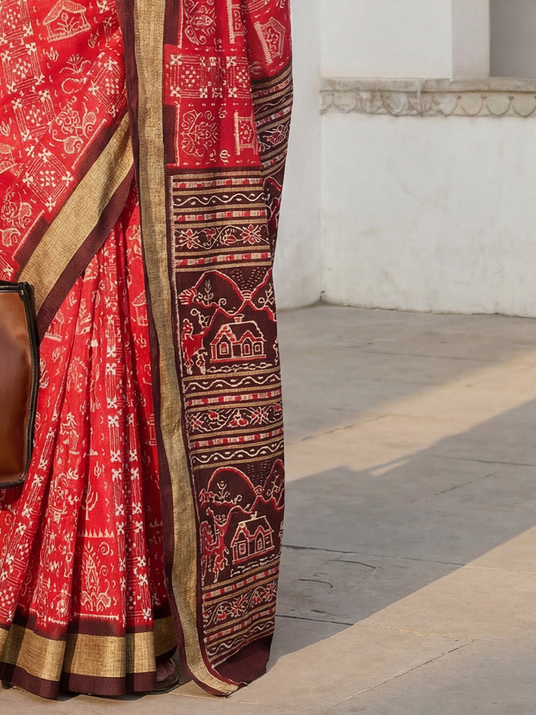 Red & Brown Bhagalpuri Warli Printed Saree - Ressa