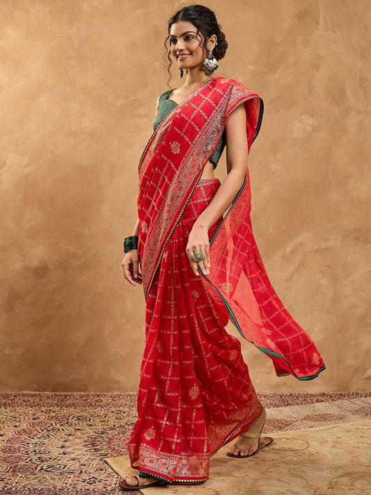 Red Chiffon Foil Printed Saree - Ressa