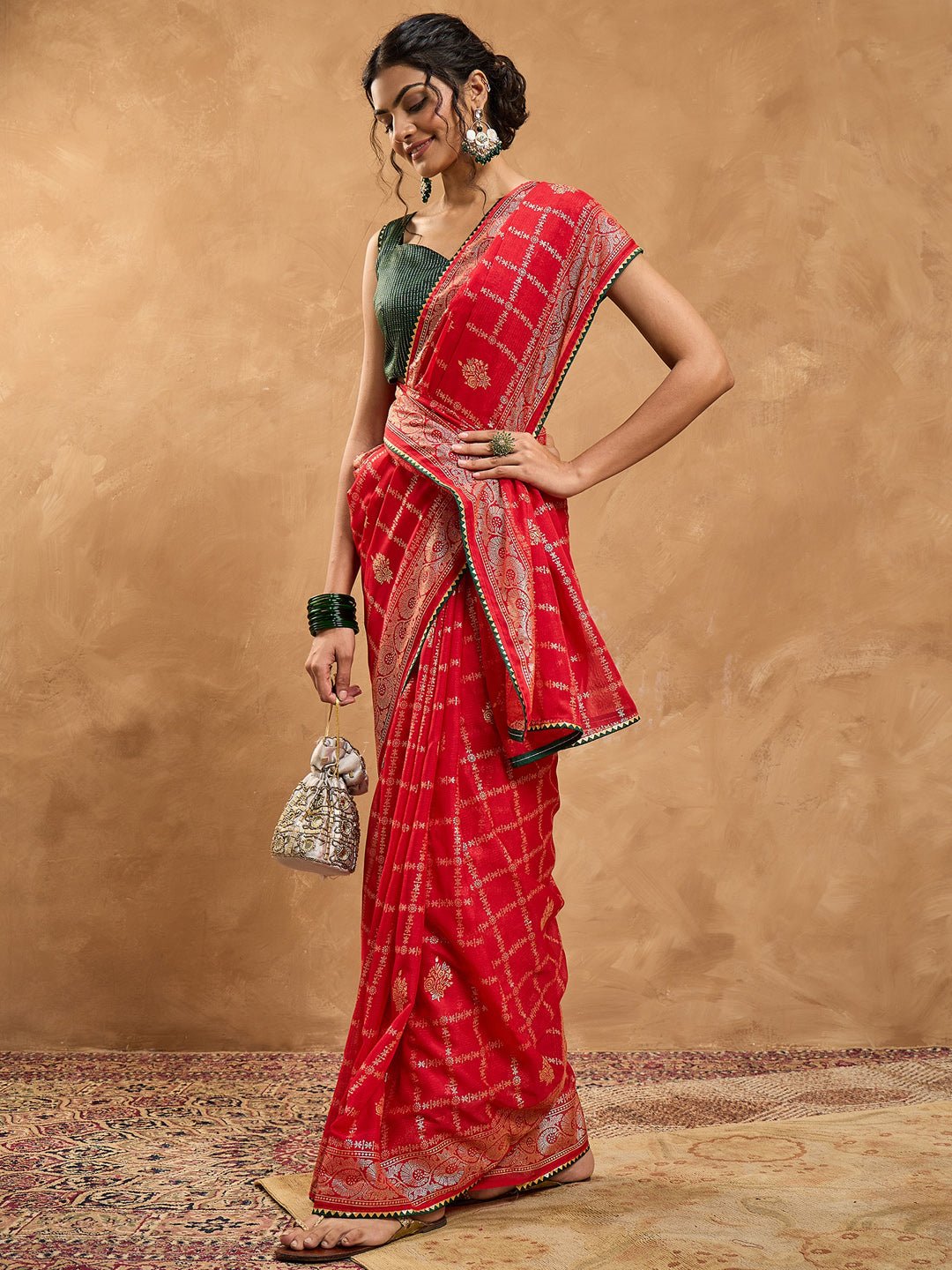 Red Chiffon Foil Printed Saree - Ressa