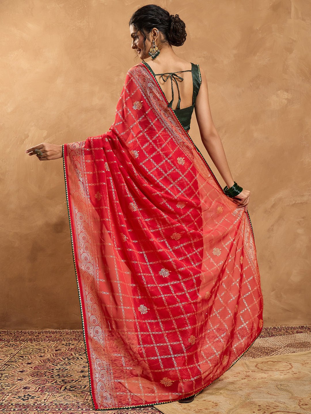Red Chiffon Foil Printed Saree - Ressa