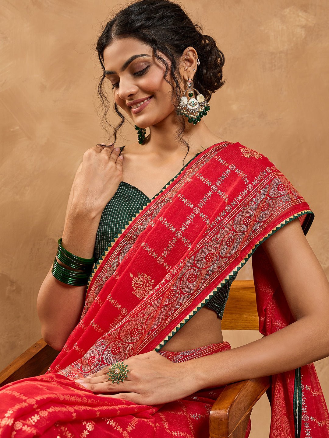 Red Chiffon Foil Printed Saree - Ressa
