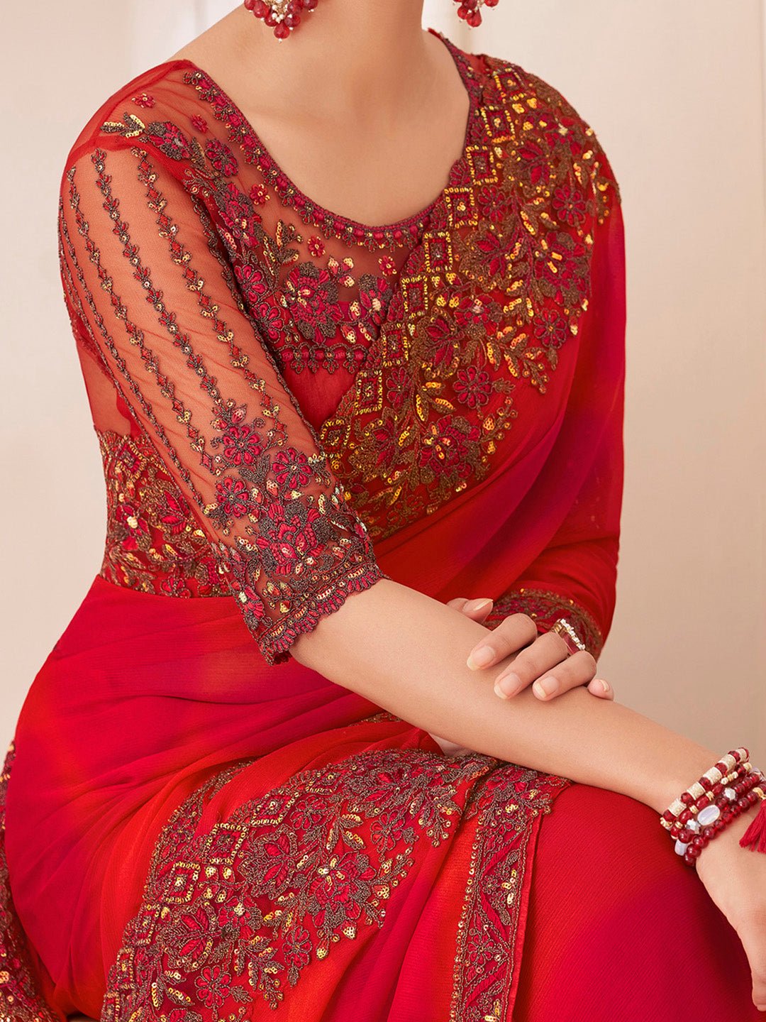 Red Chiffon Partywear Saree with Heavy Embroidered Border - Ressa