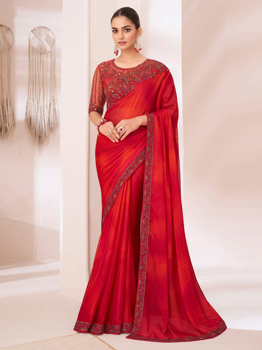 Red Chiffon Partywear Saree with Heavy Embroidered Border - Ressa