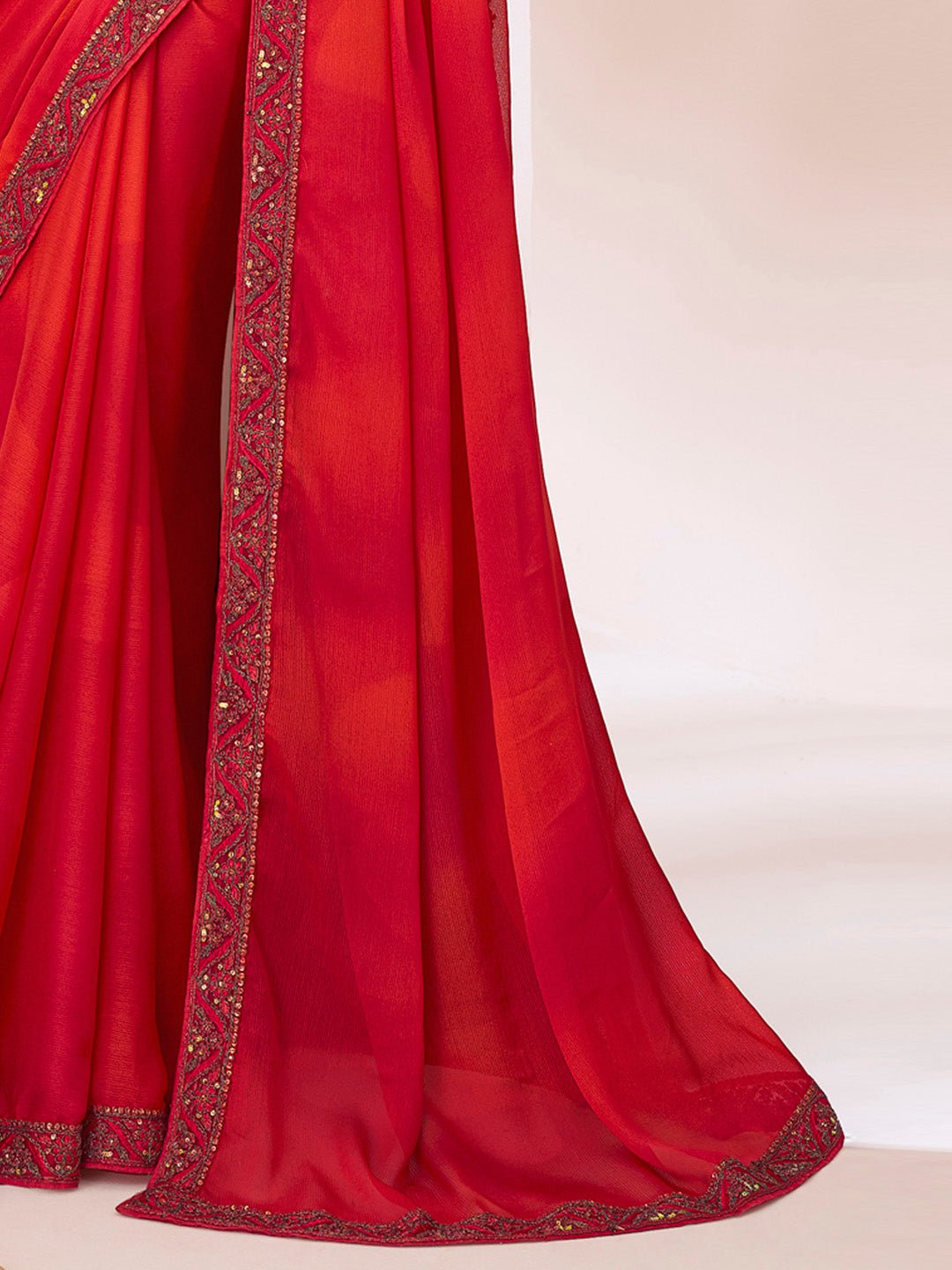 Red Chiffon Partywear Saree with Heavy Embroidered Border - Ressa