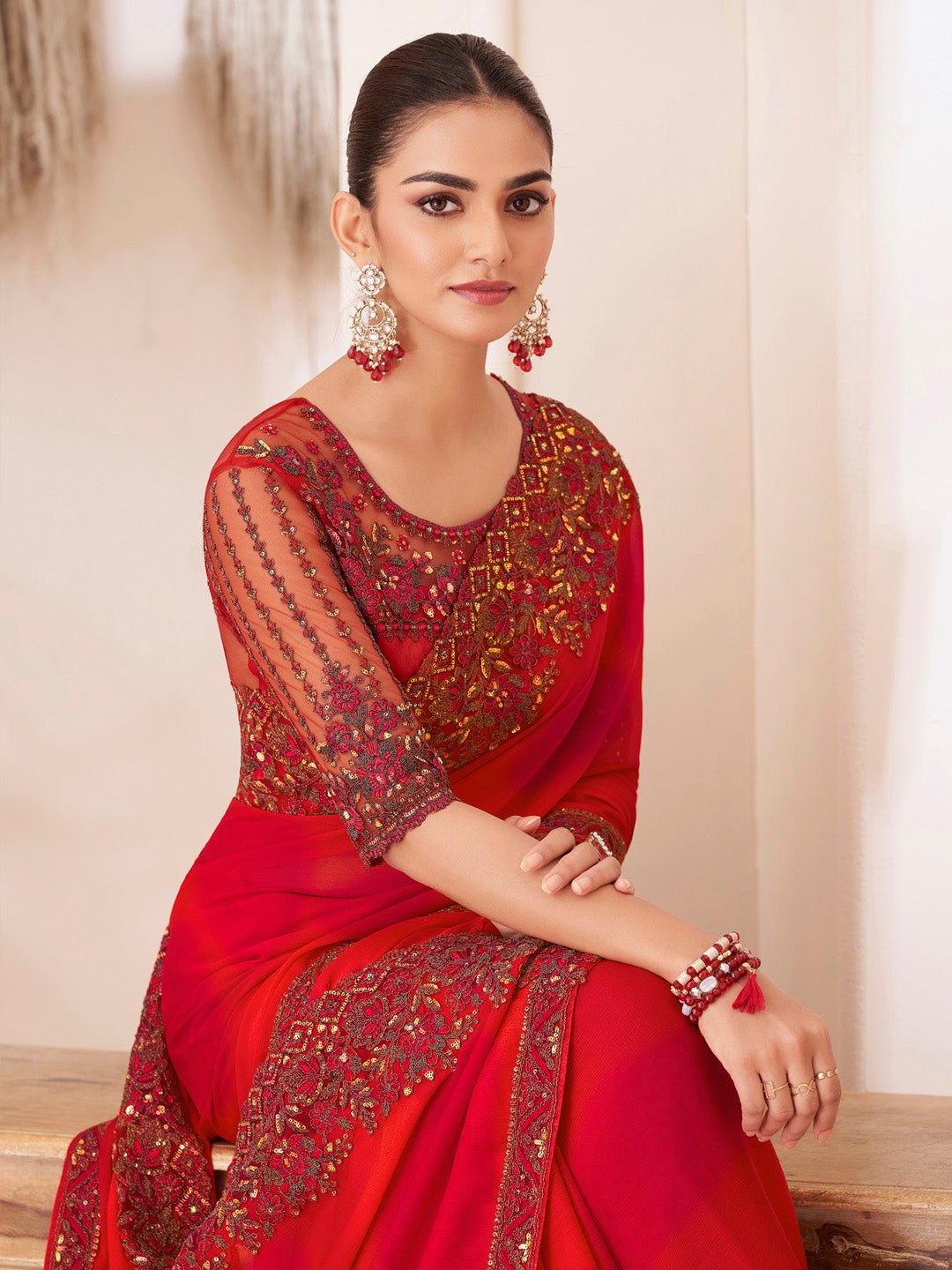 Red Chiffon Partywear Saree with Heavy Embroidered Border - Ressa