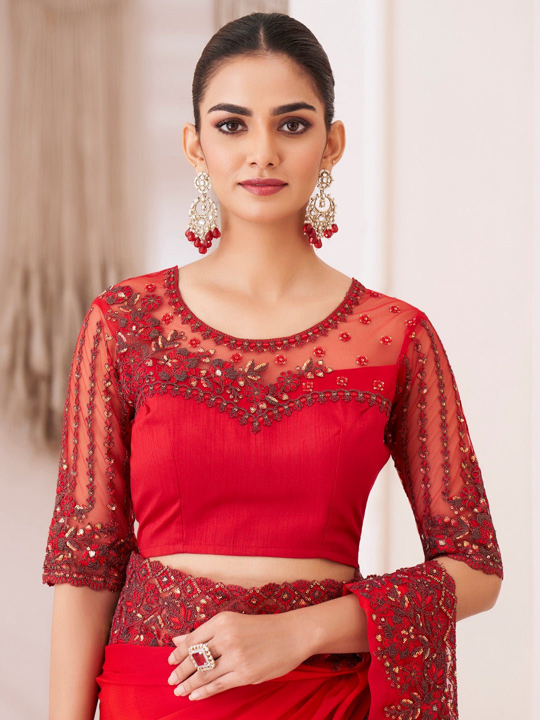 Red Chiffon Partywear Saree with Heavy Embroidered Border - Ressa