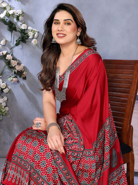 Red Crepe Ajrakh Printed Saree - Ressa