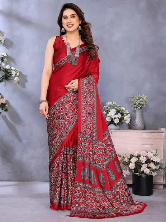Red Crepe Ajrakh Printed Saree - Ressa