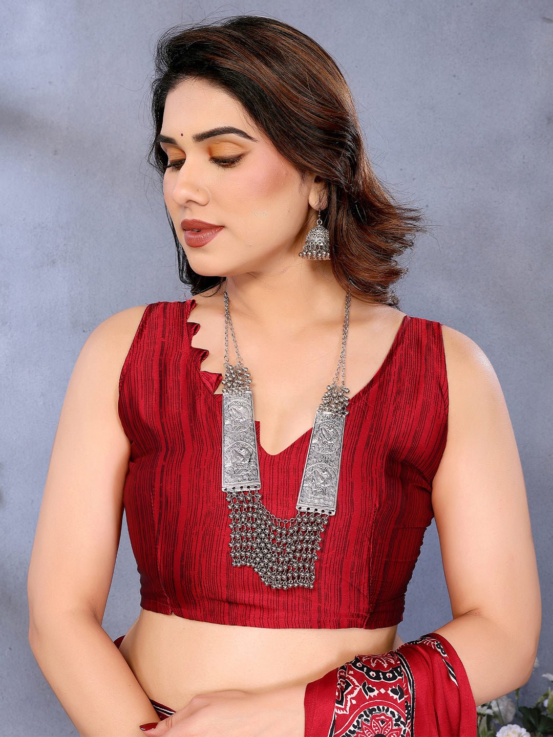 Red Crepe Ajrakh Printed Saree - Ressa