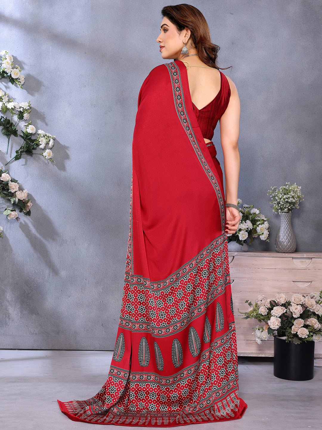 Red Crepe Ajrakh Printed Saree - Ressa