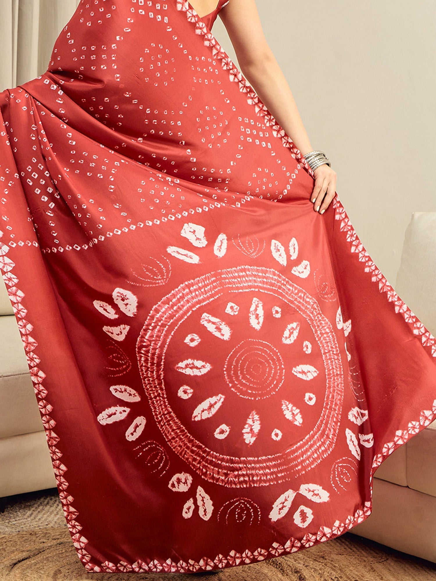 Red Crepe Bandhani Printed Saree - Ressa