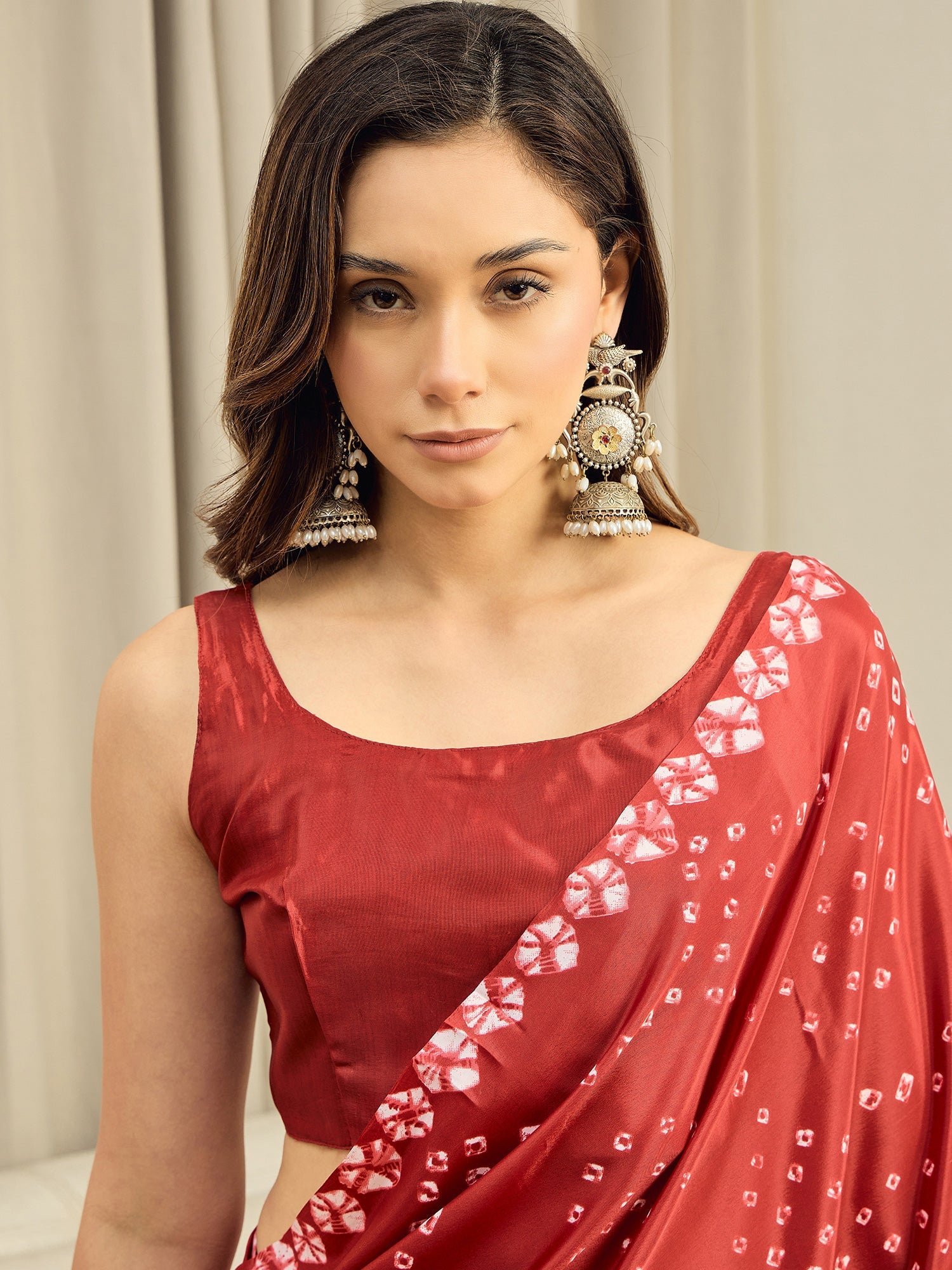 Red Crepe Bandhani Printed Saree - Ressa