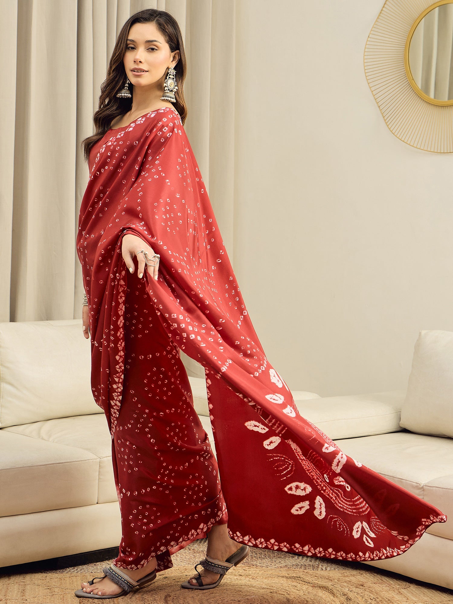 Red Crepe Bandhani Printed Saree - Ressa