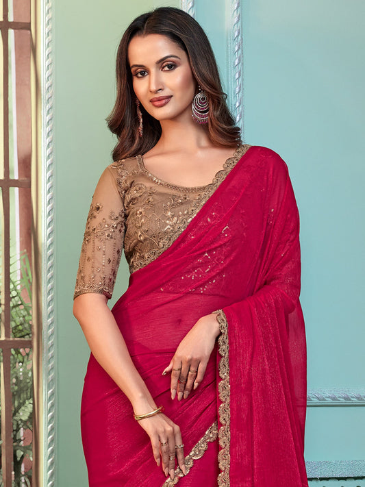 Red Embellished Sequinned Chiffon Saree - Ressa