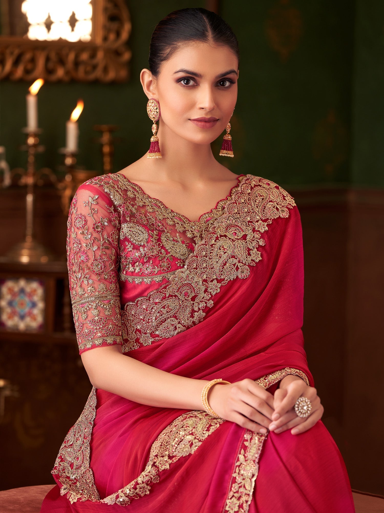 Red Embellished Sequinned Party Wear Saree - Ressa