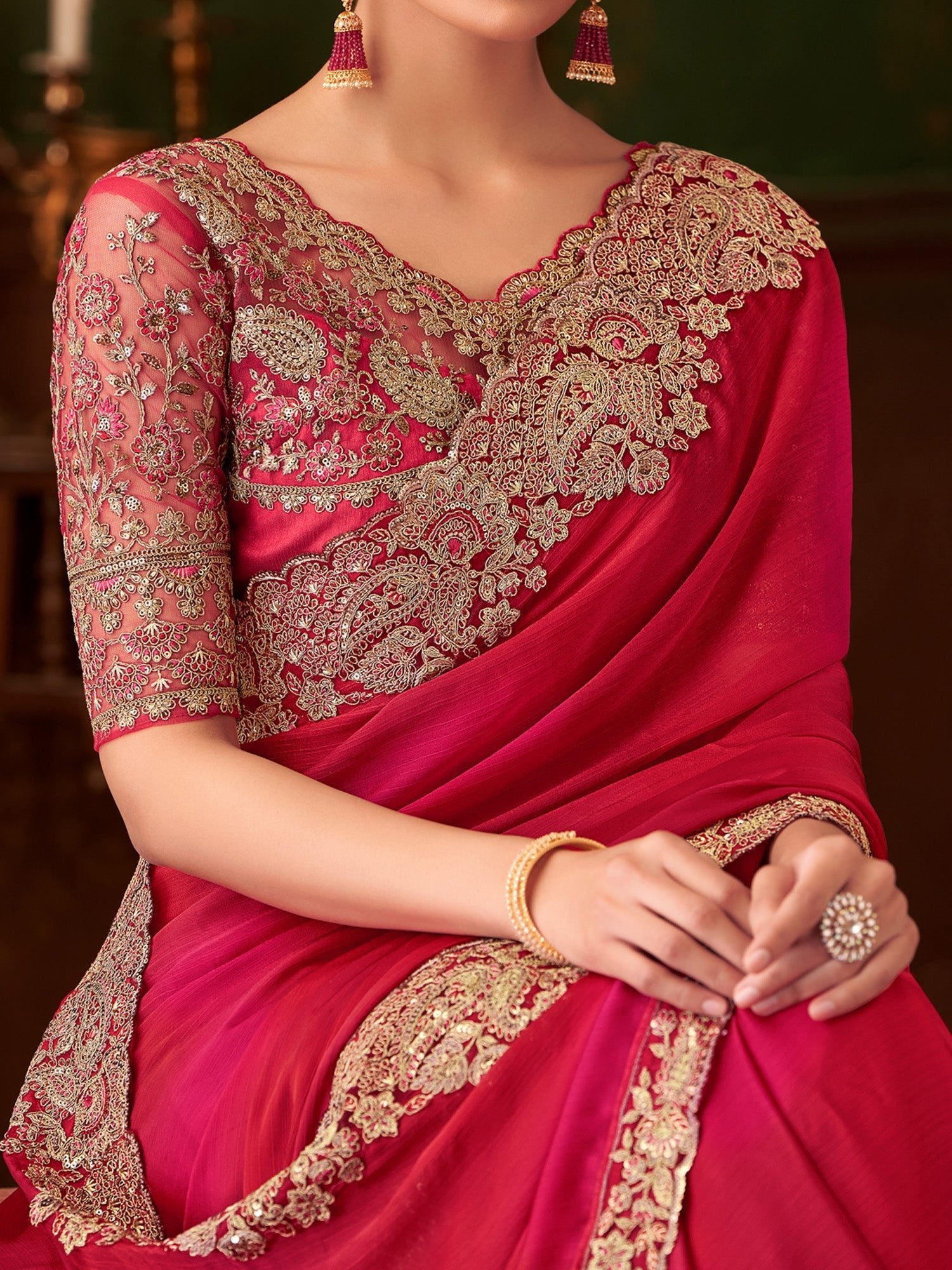 Red Embellished Sequinned Party Wear Saree - Ressa
