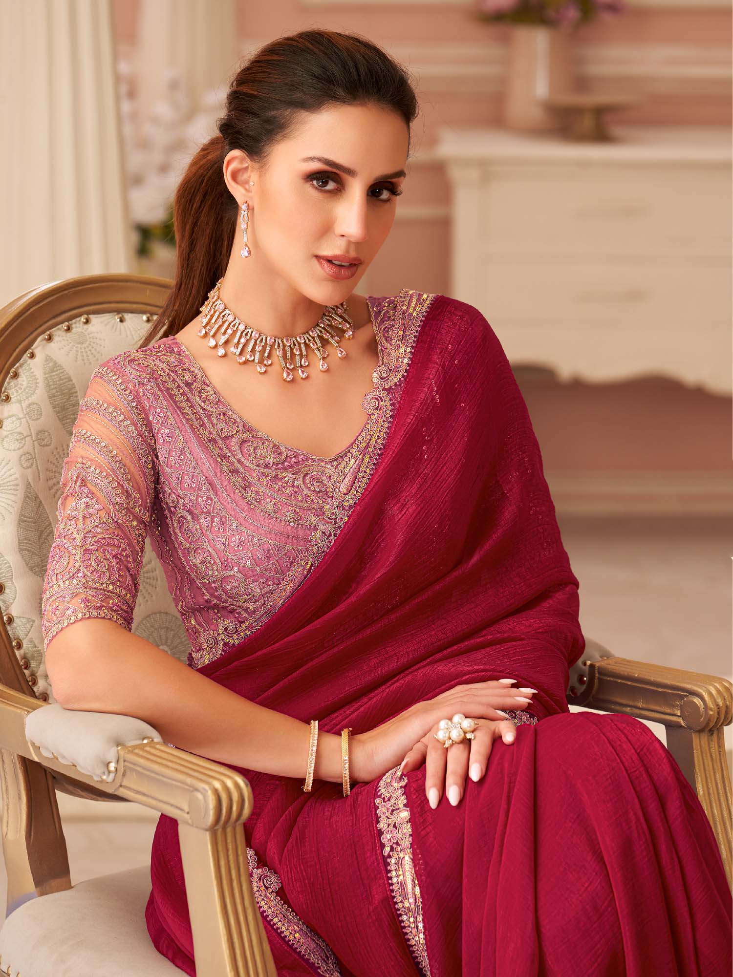 Red Embellished Sequinned Pure Chiffon Saree - Ressa