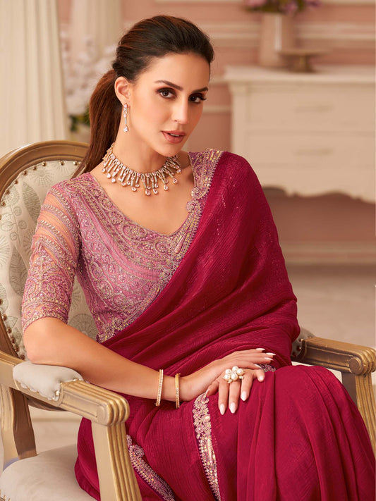 Red Embellished Sequinned Pure Chiffon Saree - Ressa
