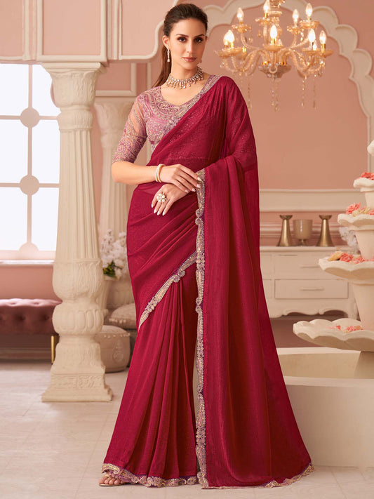 Red Embellished Sequinned Pure Chiffon Saree - Ressa