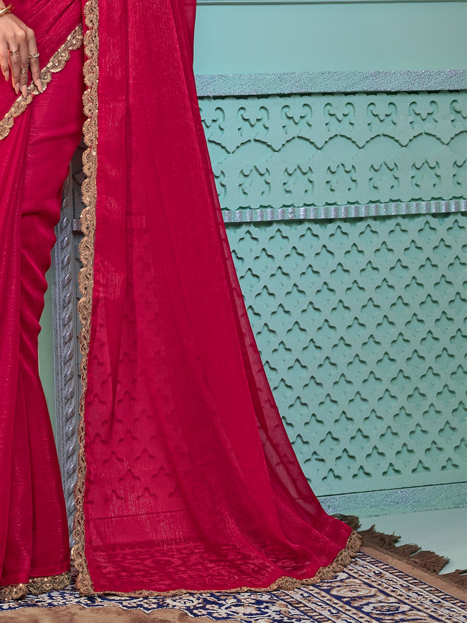 Red Embellished Sequinned Pure Chiffon Saree - Ressa