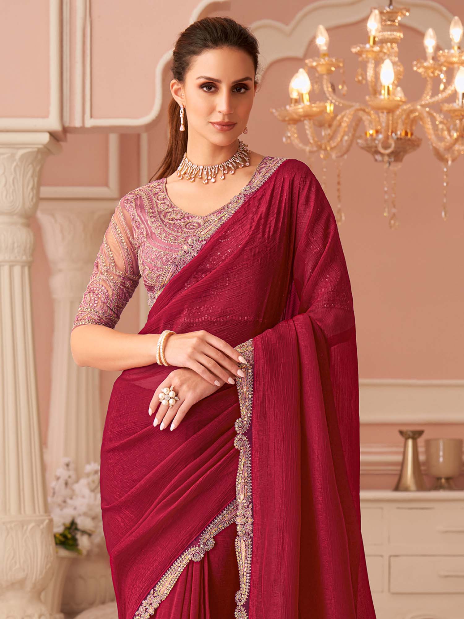 Red Embellished Sequinned Pure Chiffon Saree - Ressa
