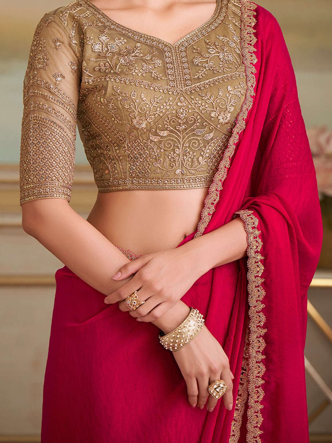 Red Embellished Sequinned Pure Chiffon Saree - Ressa