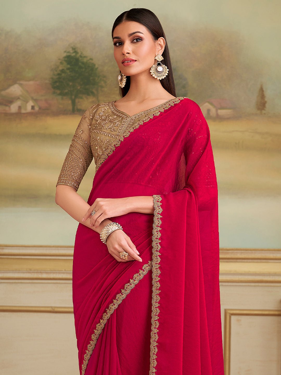 Red Embellished Sequinned Pure Chiffon Saree - Ressa