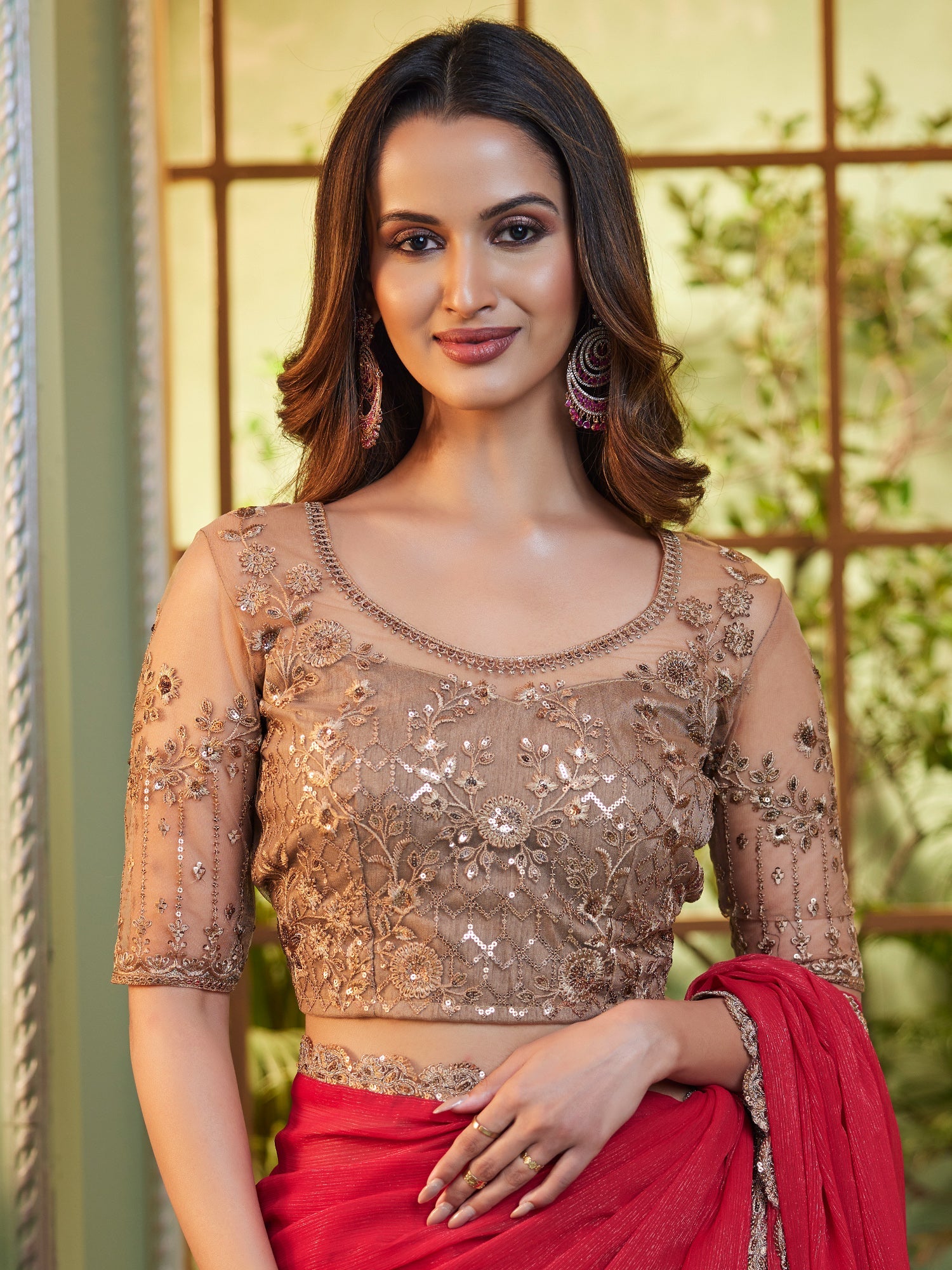 Red Embellished Sequinned Pure Chiffon Saree - Ressa