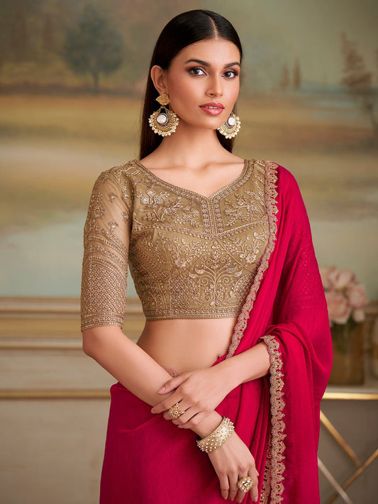 Red Embellished Sequinned Pure Chiffon Saree - Ressa
