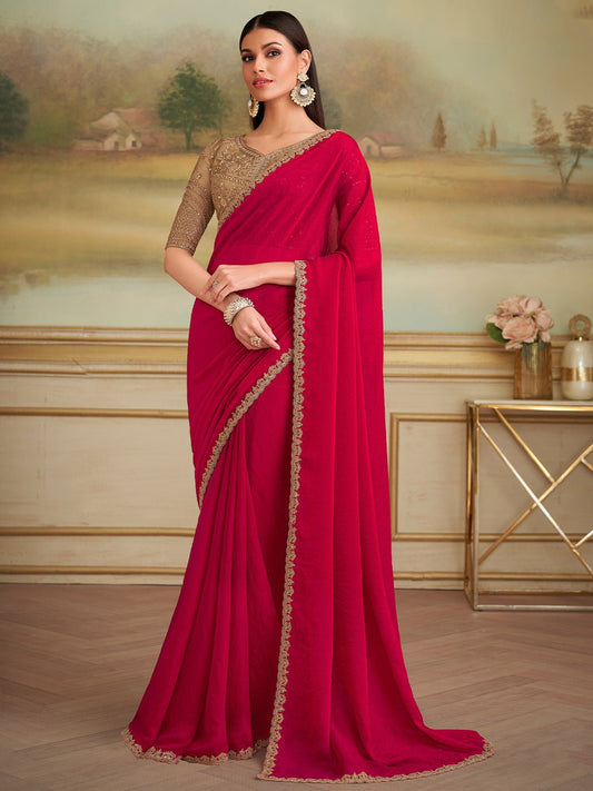 Red Embellished Sequinned Pure Chiffon Saree - Ressa