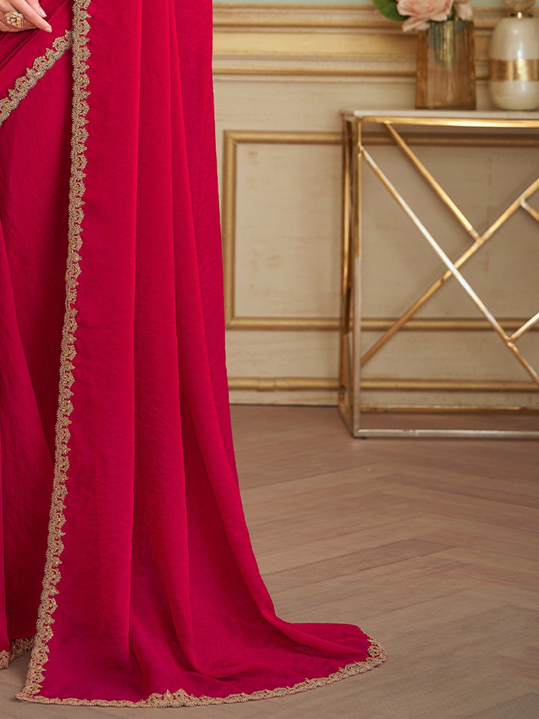 Red Embellished Sequinned Pure Chiffon Saree - Ressa