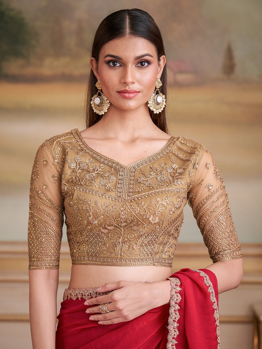 Red Embellished Sequinned Pure Chiffon Saree - Ressa