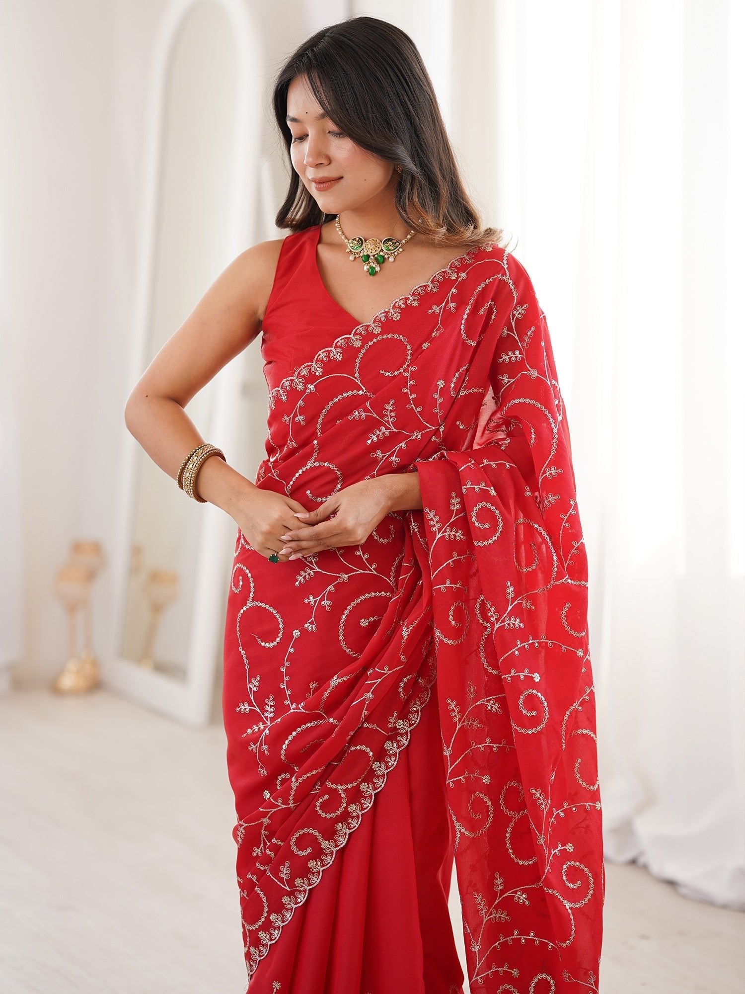Red Embroidered Georgette Saree | - Ressa