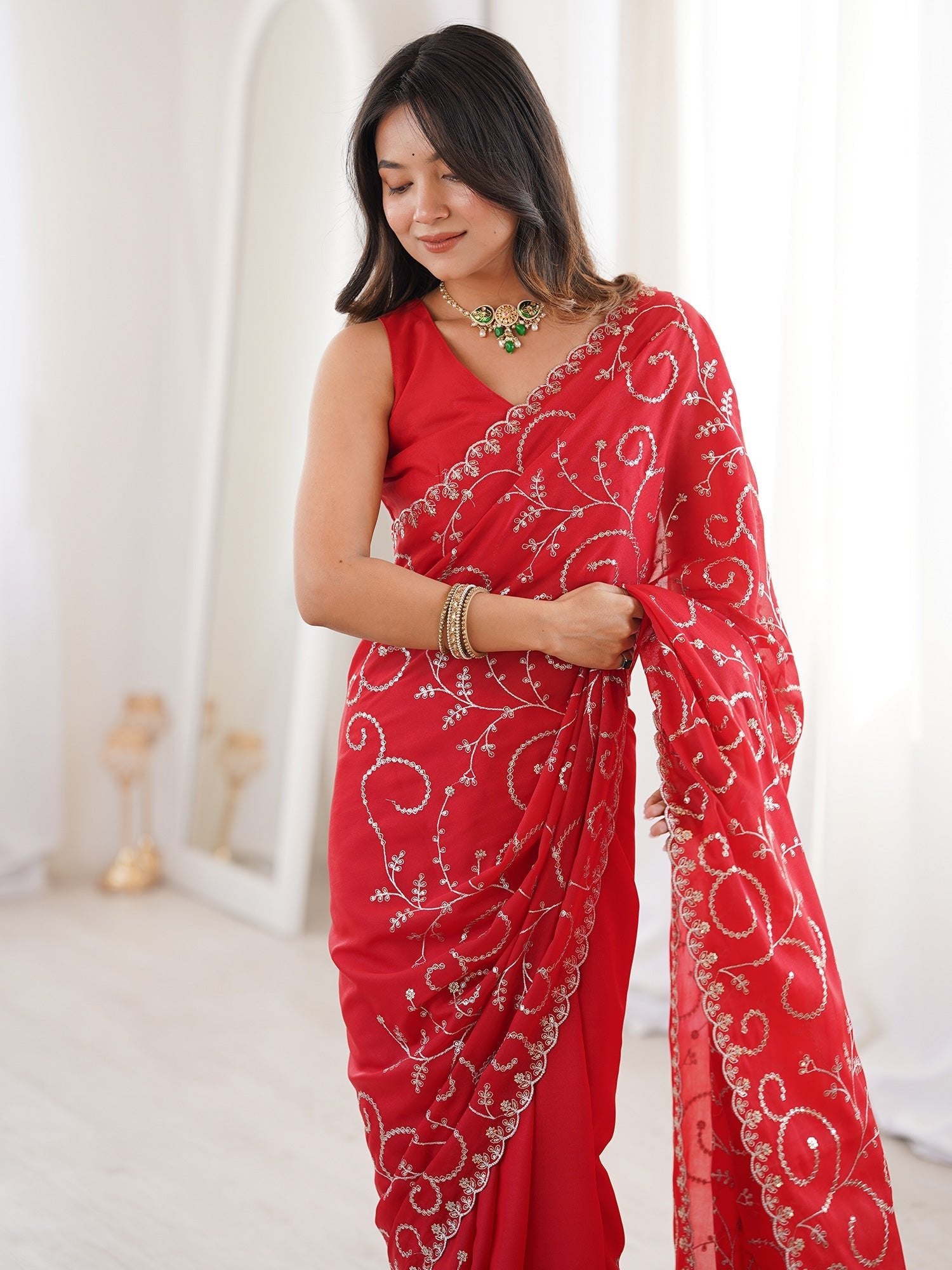 Red Embroidered Georgette Saree | - Ressa