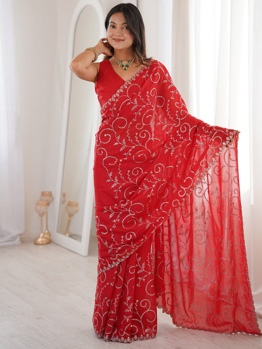 Red Embroidered Georgette Saree | - Ressa