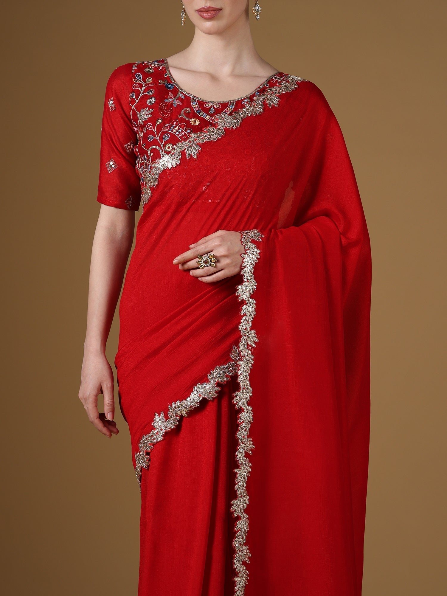 Red Embroidered Silk Saree with Zardozi Border & Embellished Blouse - Ressa
