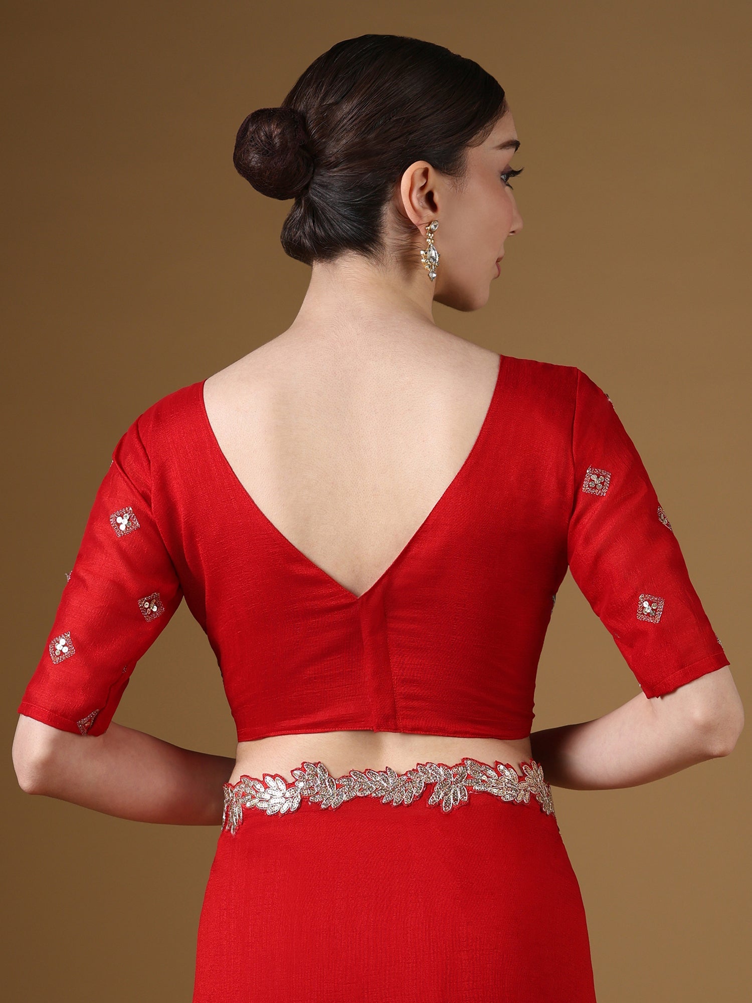 Red Embroidered Silk Saree with Zardozi Border & Embellished Blouse - Ressa