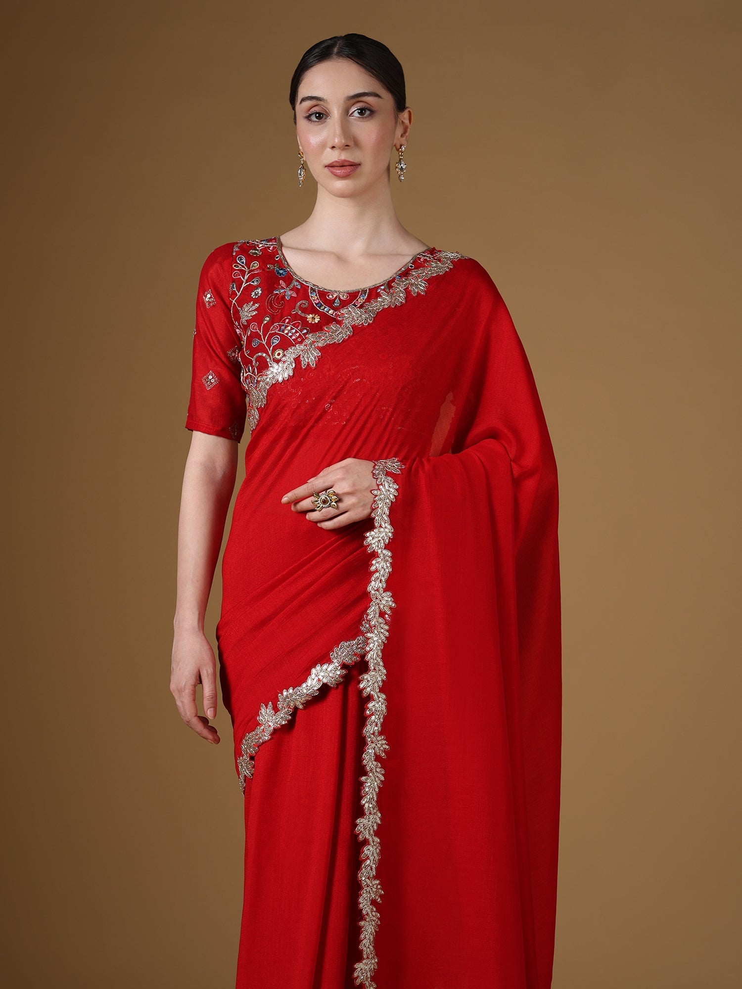Red Embroidered Silk Saree with Zardozi Border & Embellished Blouse - Ressa